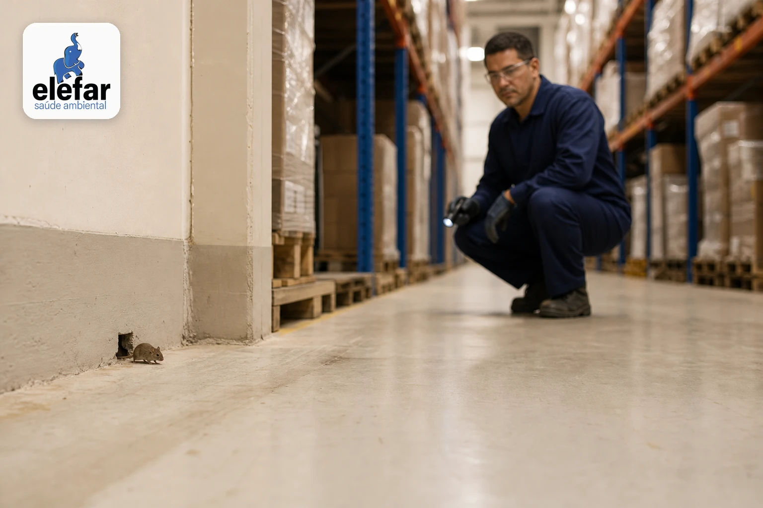 Pequeno rato doméstico em um corredor de centro de distribuição, de forma discreta, com técnico ao fundo.