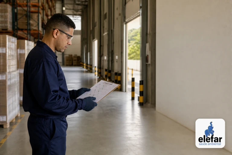 Técnico em centro de distribuição conferindo um mapa de monitoramento ao lado da doca.