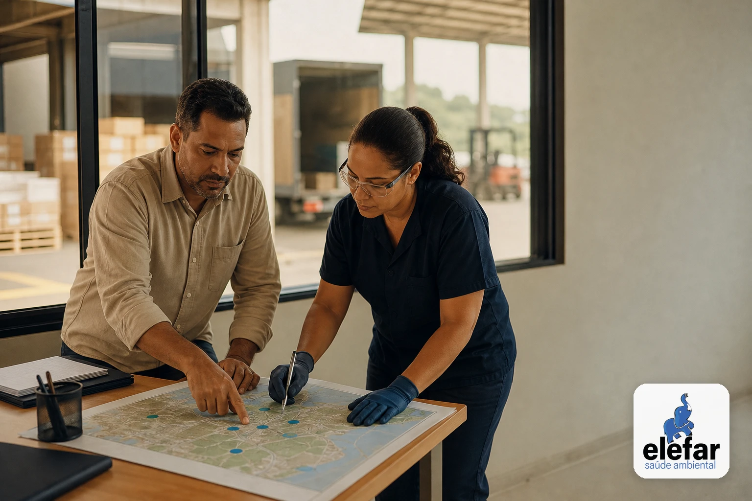 Supervisor e técnico registrando pontos de inspeção em um mapa de monitoramento no escritório do armazém.
