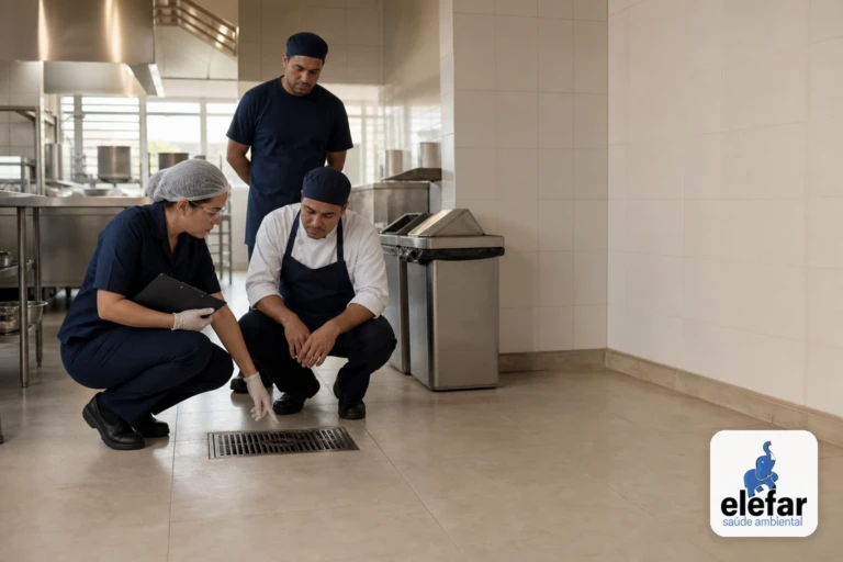 Supervisor e equipe observam a área de preparo e o ralo em uma cozinha profissional.