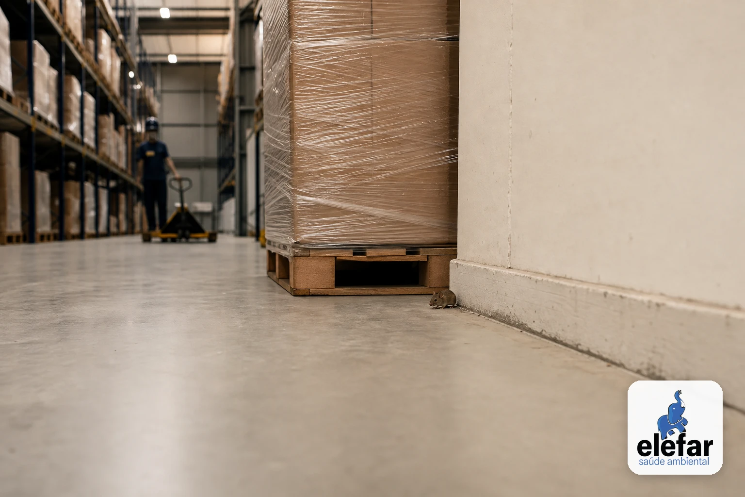 Pequeno rato doméstico discreto perto de um pallet em um centro de distribuição.