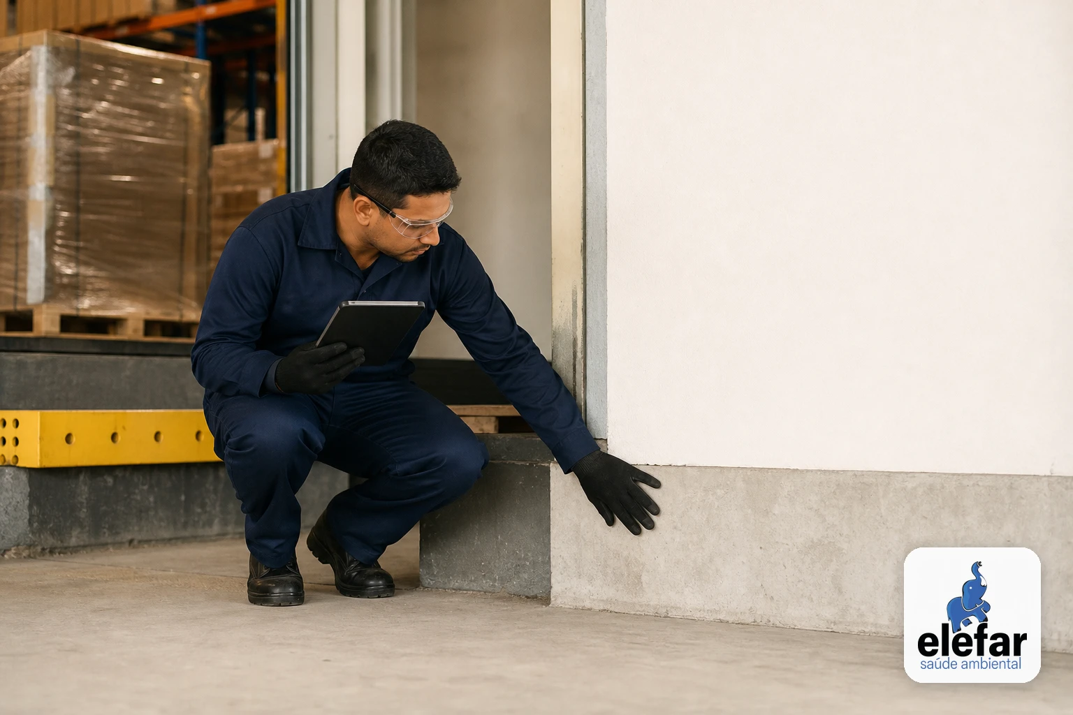 Técnico inspecionando a doca e o rodapé em um centro de distribuição.