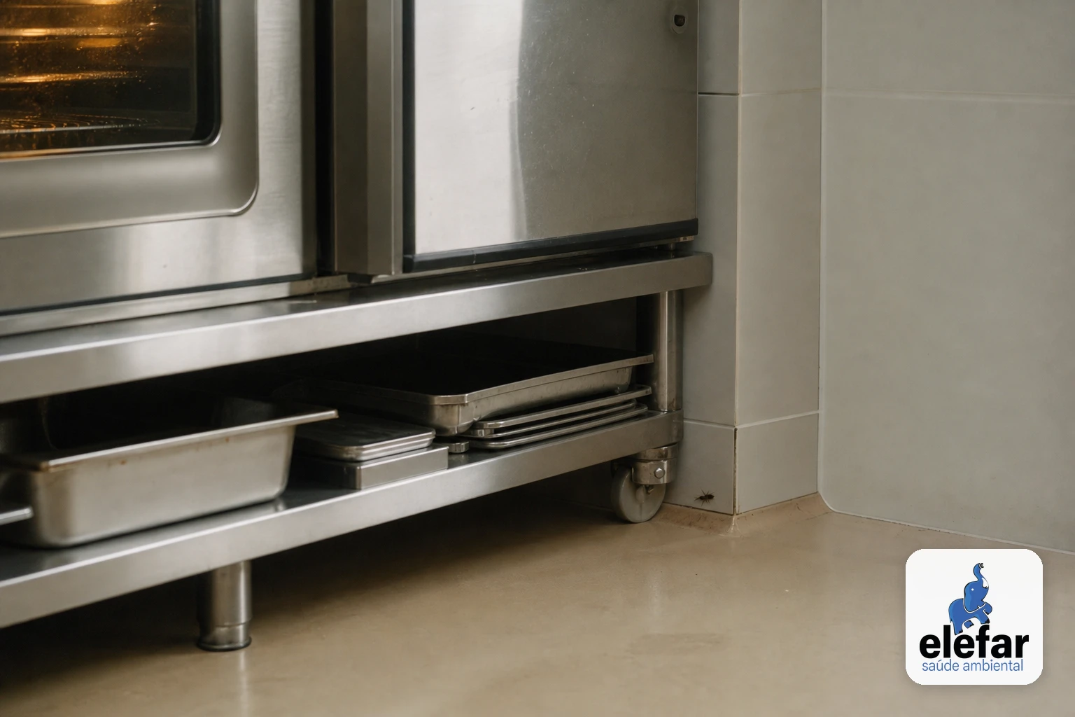 Uma pequena barata discreta perto da fresta atrás de equipamento em cozinha industrial