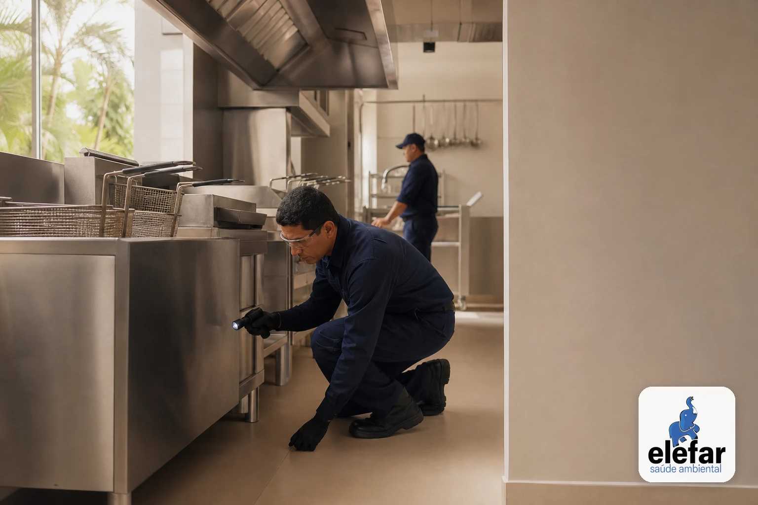 Técnico inspecionando a área atrás de uma fritadeira em cozinha industrial