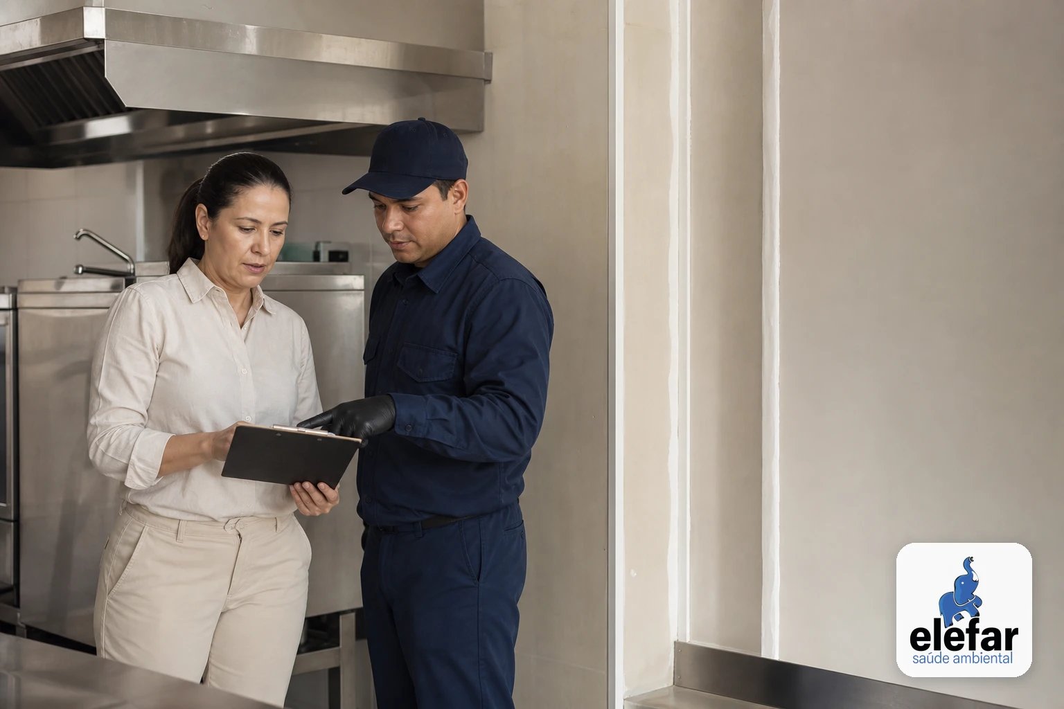 Técnico e responsável conferindo pontos de inspeção em cozinha industrial