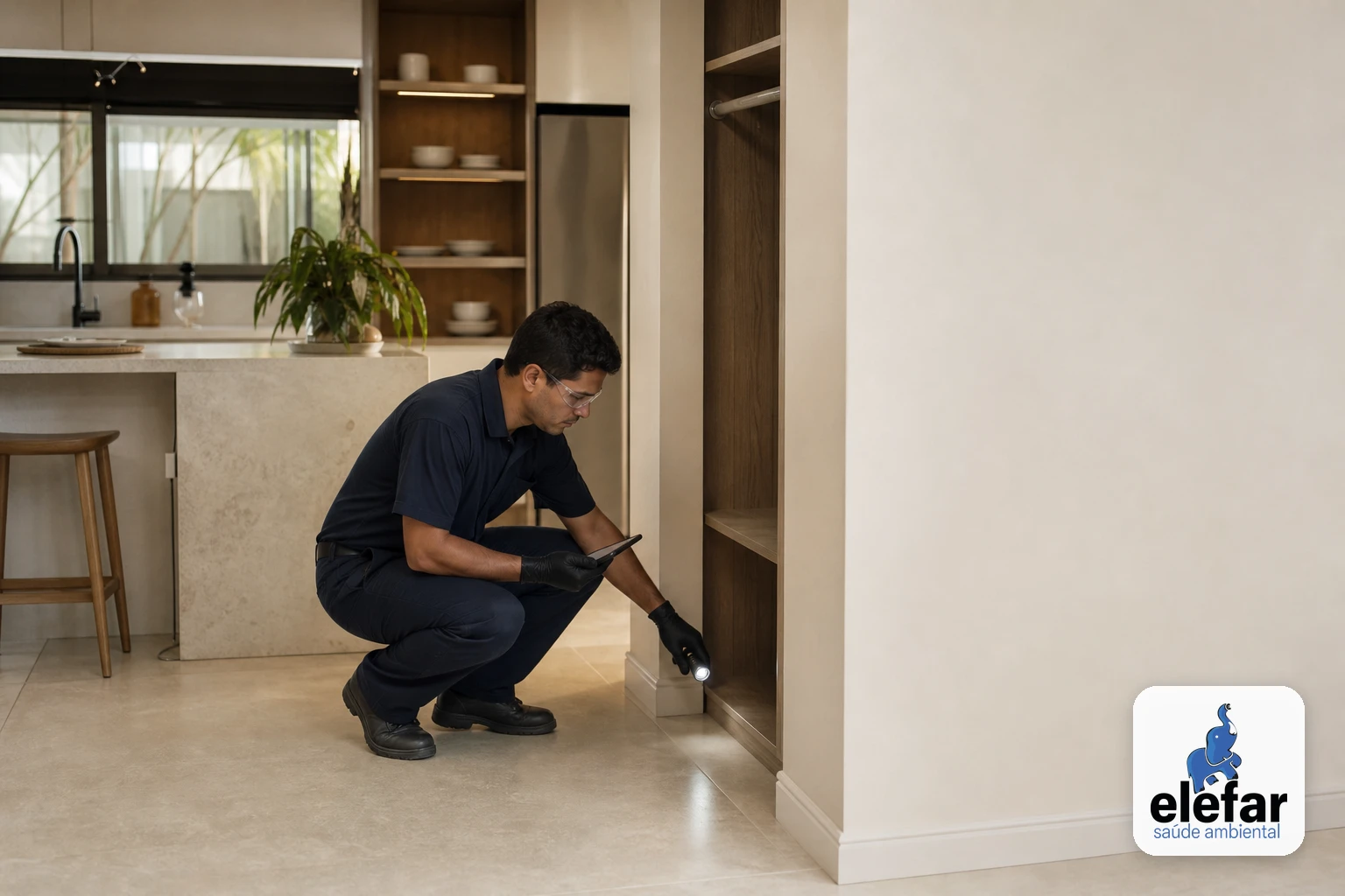 Técnico registrando a inspeção de batentes e rodapés em uma casa organizada.