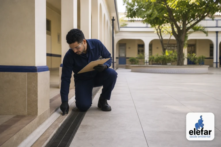 Técnico inspecionando ralos e bordas do pátio de uma escola.