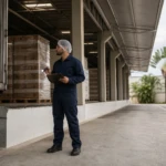 Técnico inspecionando o perímetro de um centro de distribuição perto da doca.
