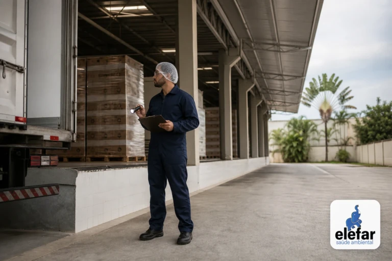 Técnico inspecionando o perímetro de um centro de distribuição perto da doca.