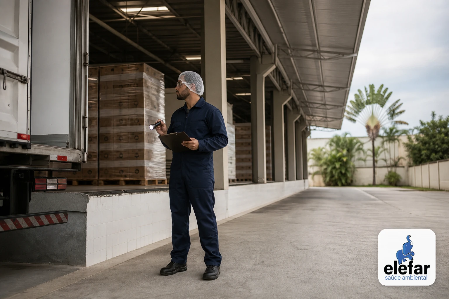 Técnico inspecionando o perímetro de um centro de distribuição perto da doca.