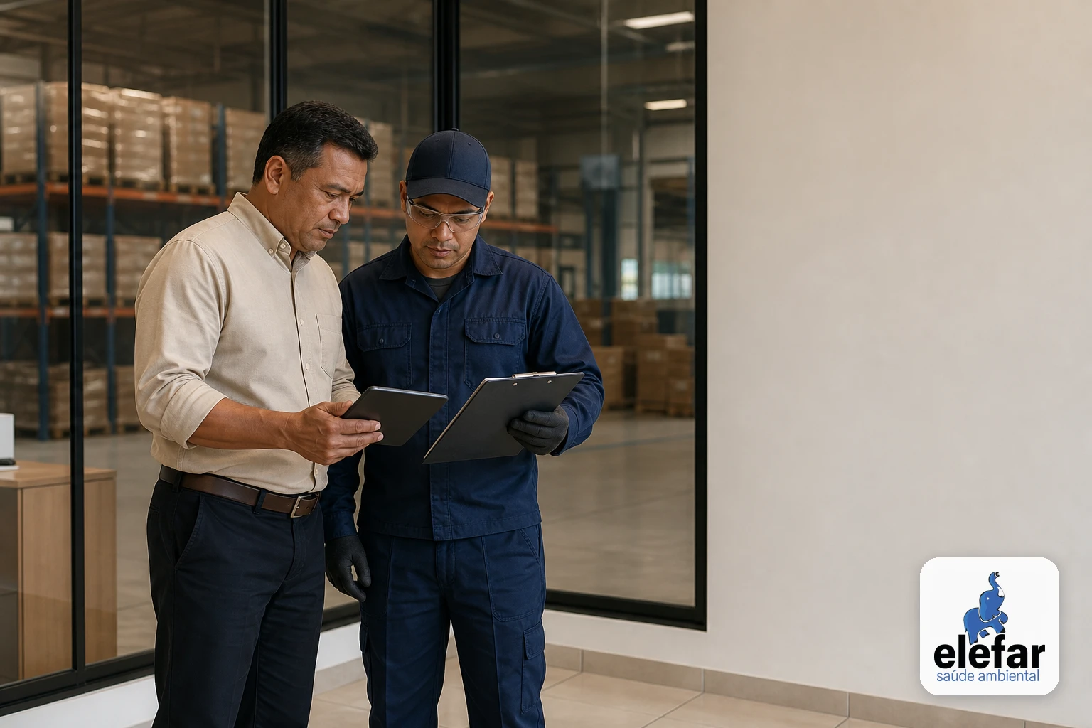 Técnico e gestor analisando registros de inspeção em um centro de distribuição.